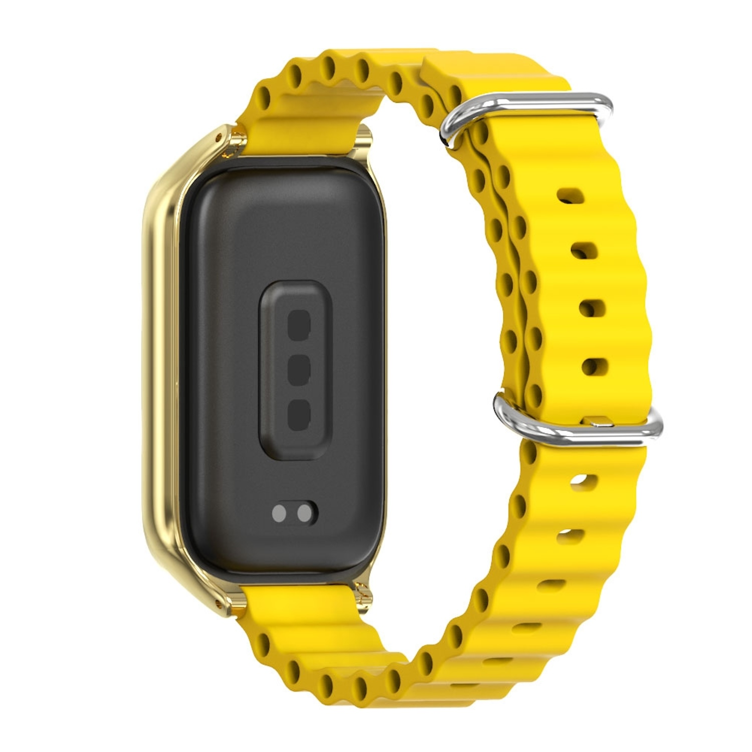 Gelbes Smartwatch-Armband mit goldenem Gehäuse, isoliert auf weißem Hintergrund. Das Band ist wellenförmig.