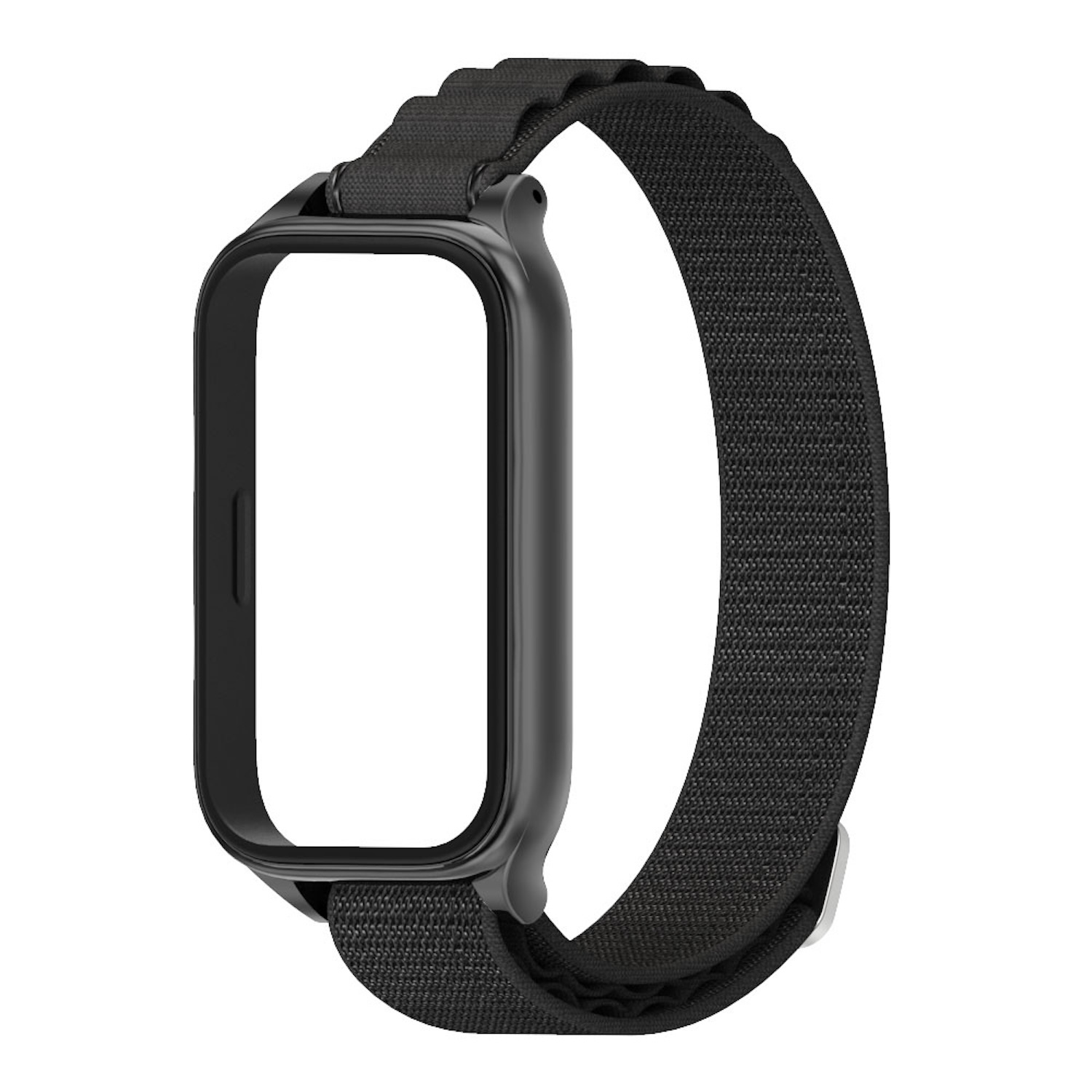 Schwarzes Uhrenarmband mit schwarzem Uhrengehäuse. Das Armband besteht aus gewebtem Stoff.