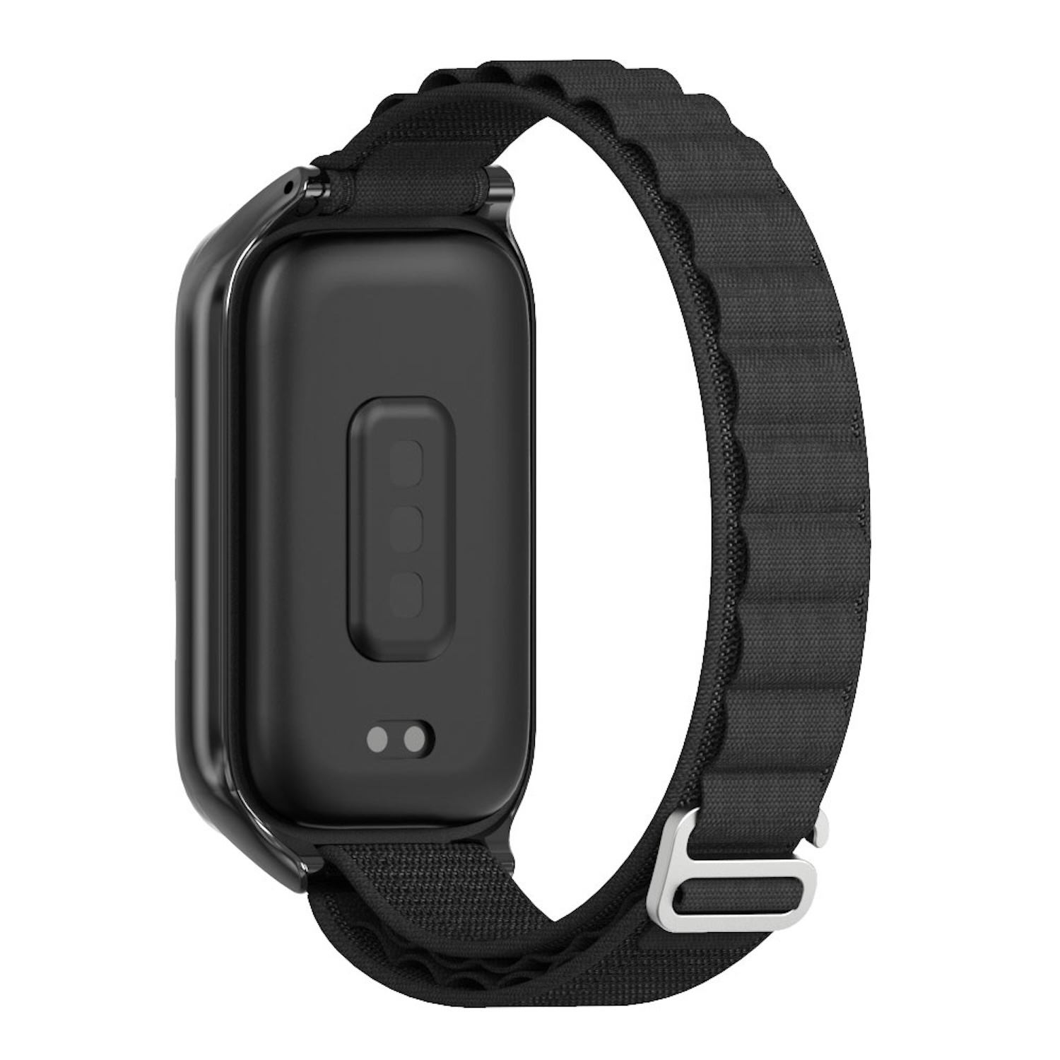 Schwarze Smartwatch mit schwarzem Band mit Magnetverschluss, von hinten gesehen.