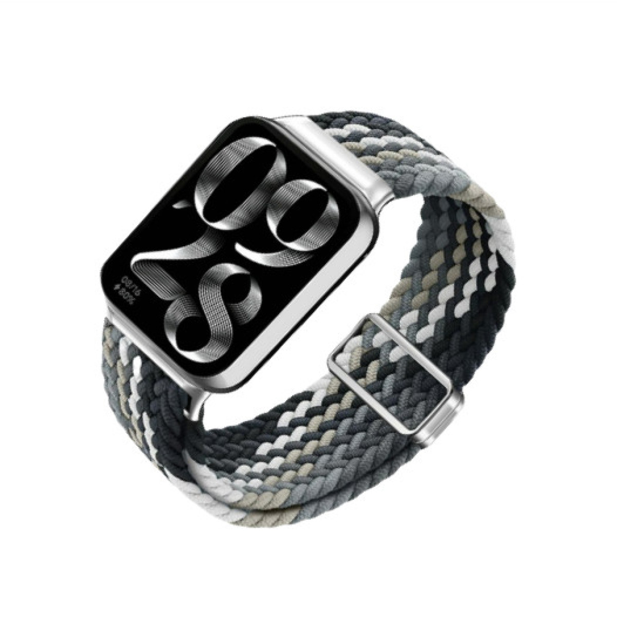 Uno smartwatch con cinturino intrecciato. L'orologio ha uno schermo nero. Il cinturino è grigio, nero e bianco.