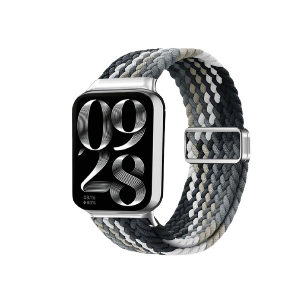 Smartwatch con schermo nero e cinturino intrecciato grigio.