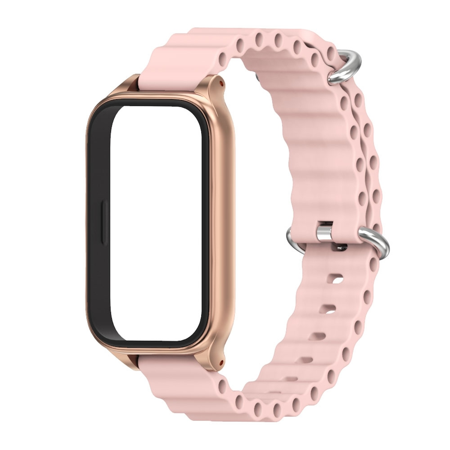 Rosa Smartwatch-Armband mit goldfarbenen Details und Schnalle.