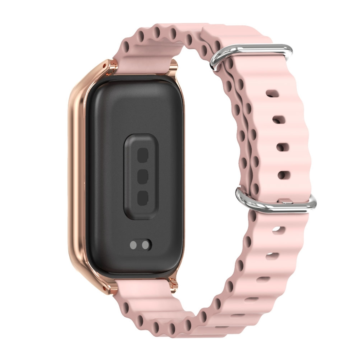Rosa Uhrenarmband mit gewelltem Design. Es gibt eine Metallschnalle und ein Uhrengehäuse.