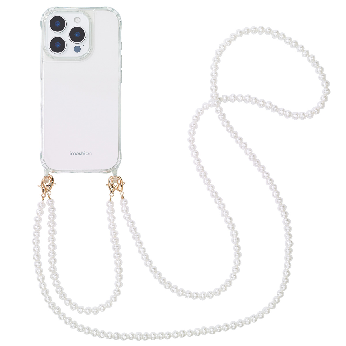 Een smartphone met een parelkettinghoesje, tegen een witte achtergrond.