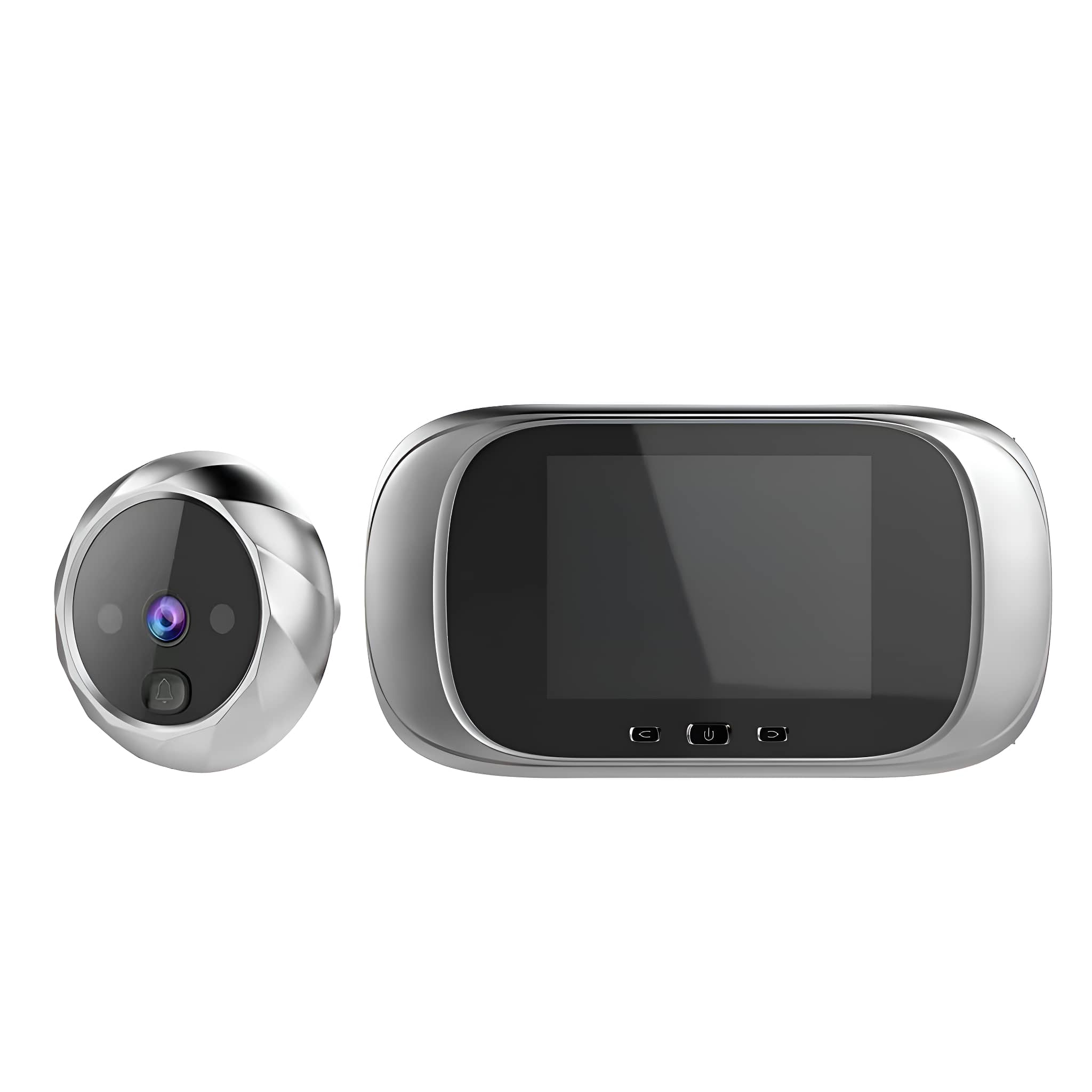 Silberne Smart-Türklingel mit Kamera und Bildschirm. Die Kamera befindet sich links, der Bildschirm rechts.