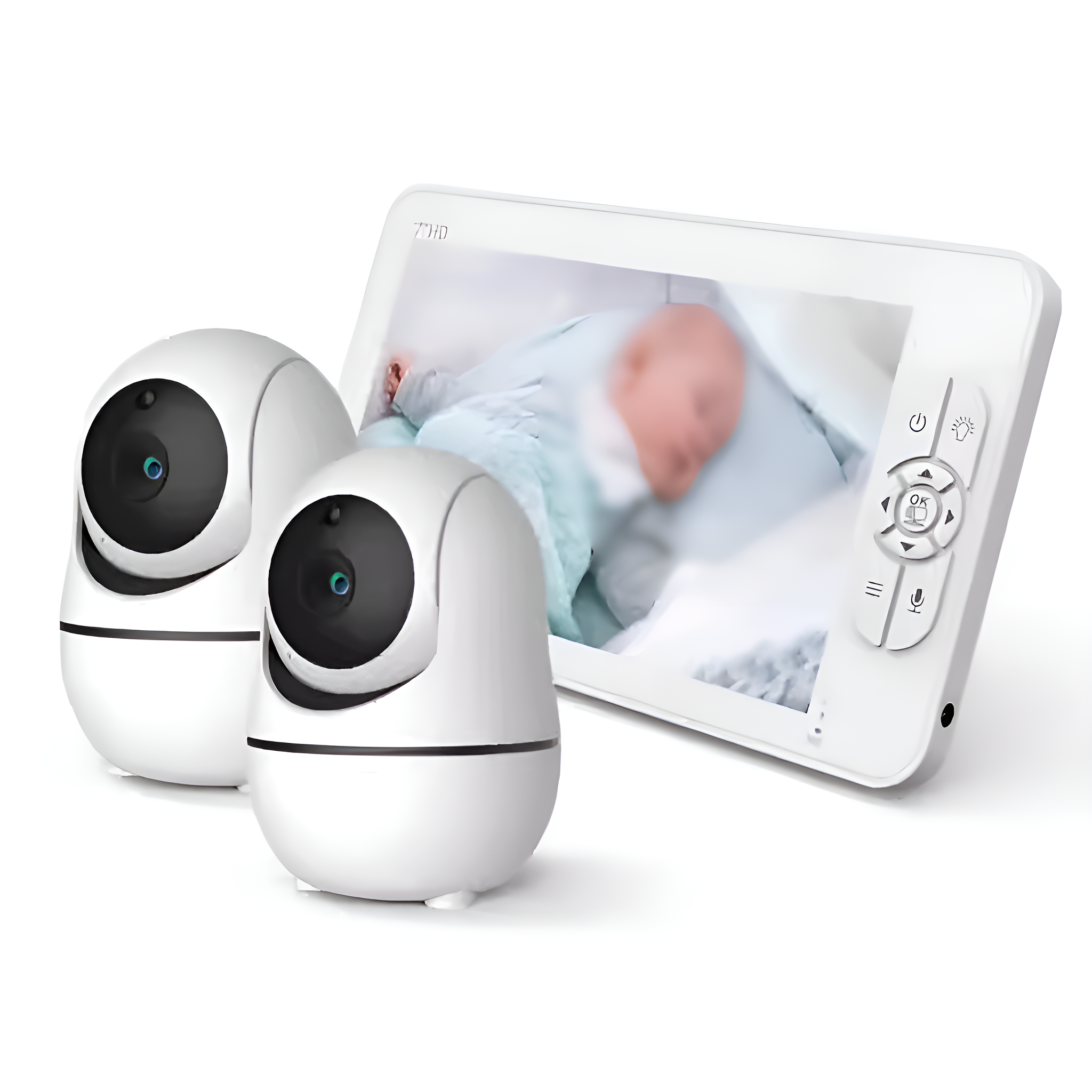 Weißer Babyphone mit zwei Kameras und einem Bildschirm, der ein Baby zeigt, das auf einer blauen Decke schläft.