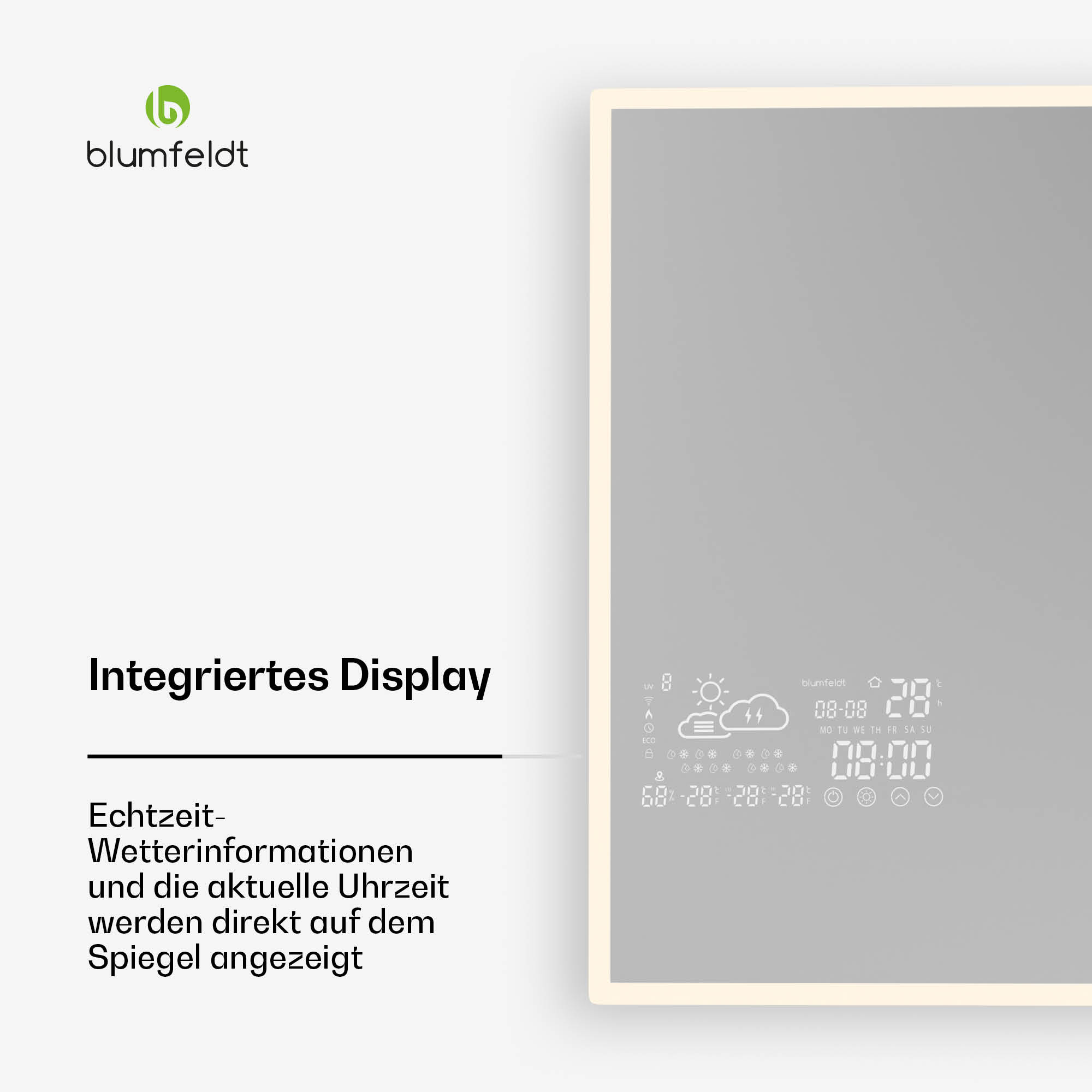 Espejo inteligente con pantalla integrada. Muestra hora, clima y otra información.