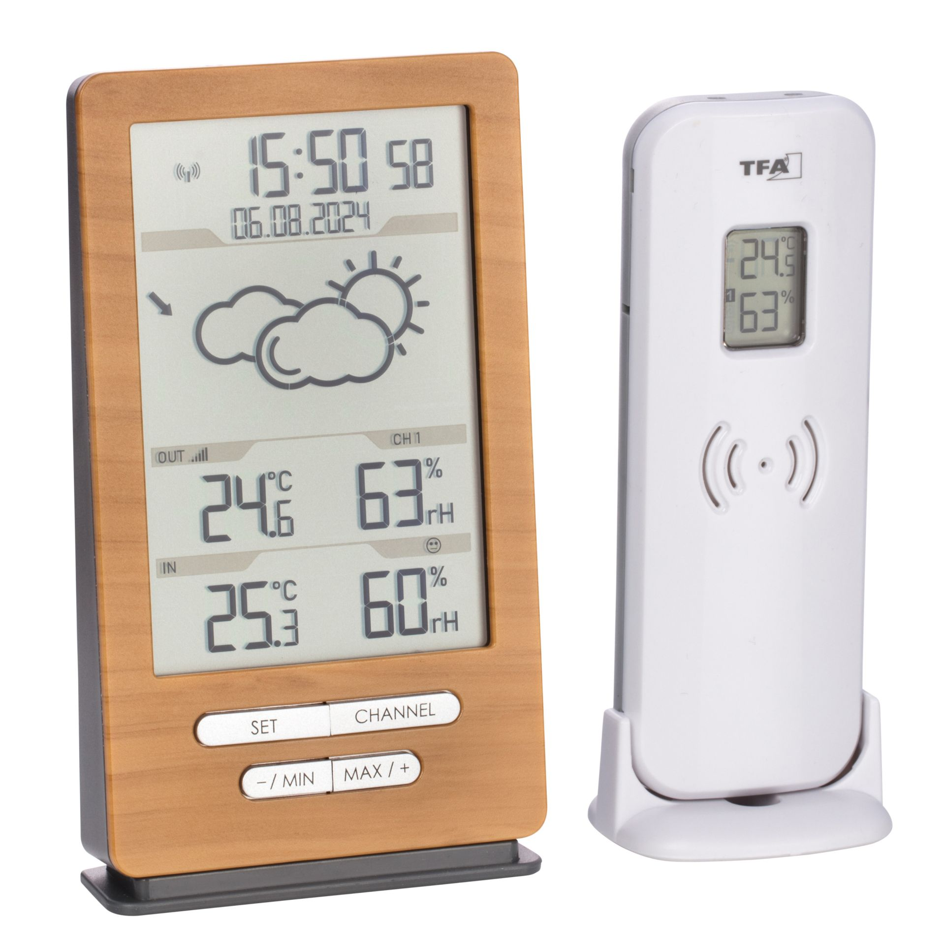 Wetterstation mit Anzeige von Zeit, Datum und Wettervorhersage auf weißem Hintergrund.