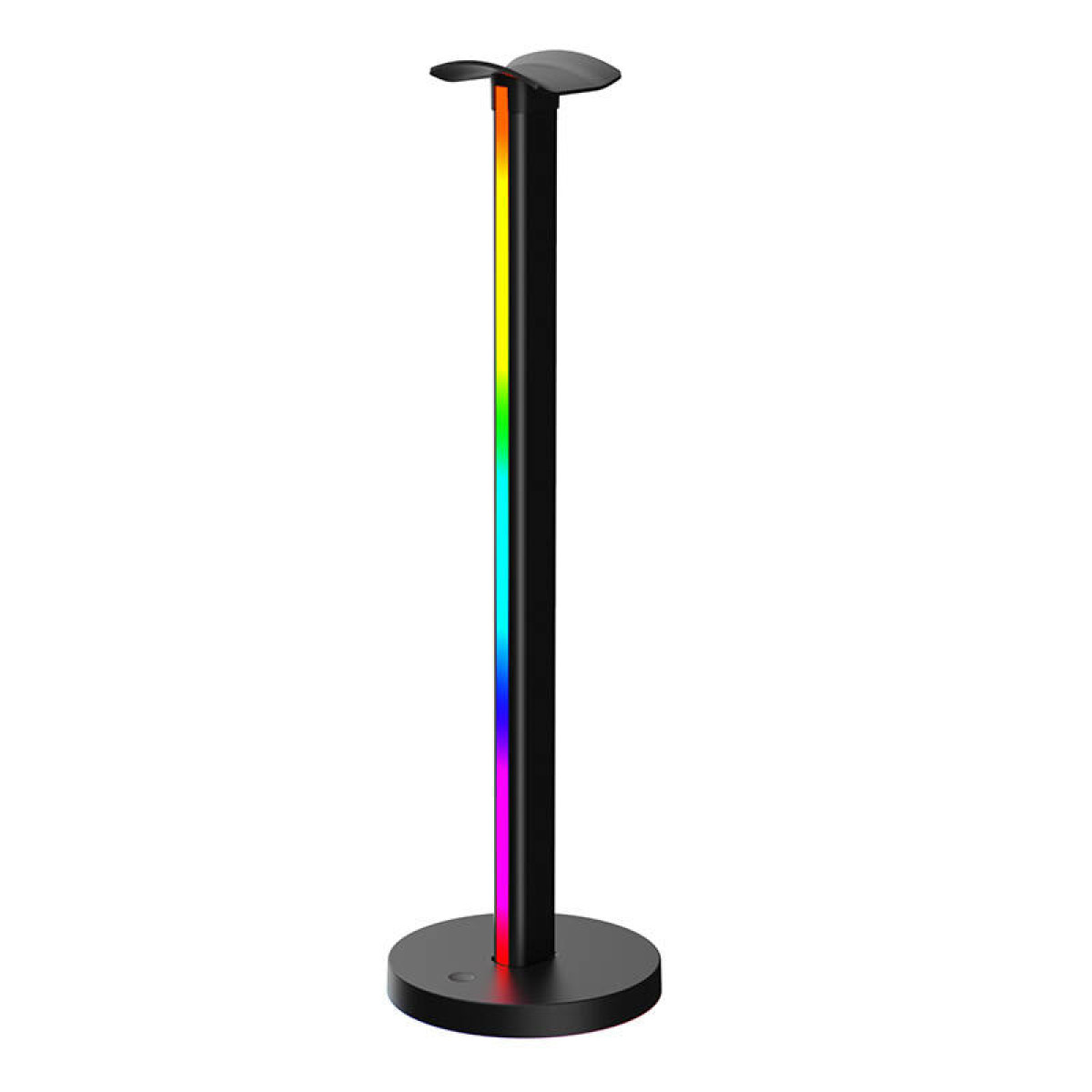 Czarny stojak na słuchawki z tęczowym paskiem świetlnym. Podstawa jest okrągła, a stojak pionowy.