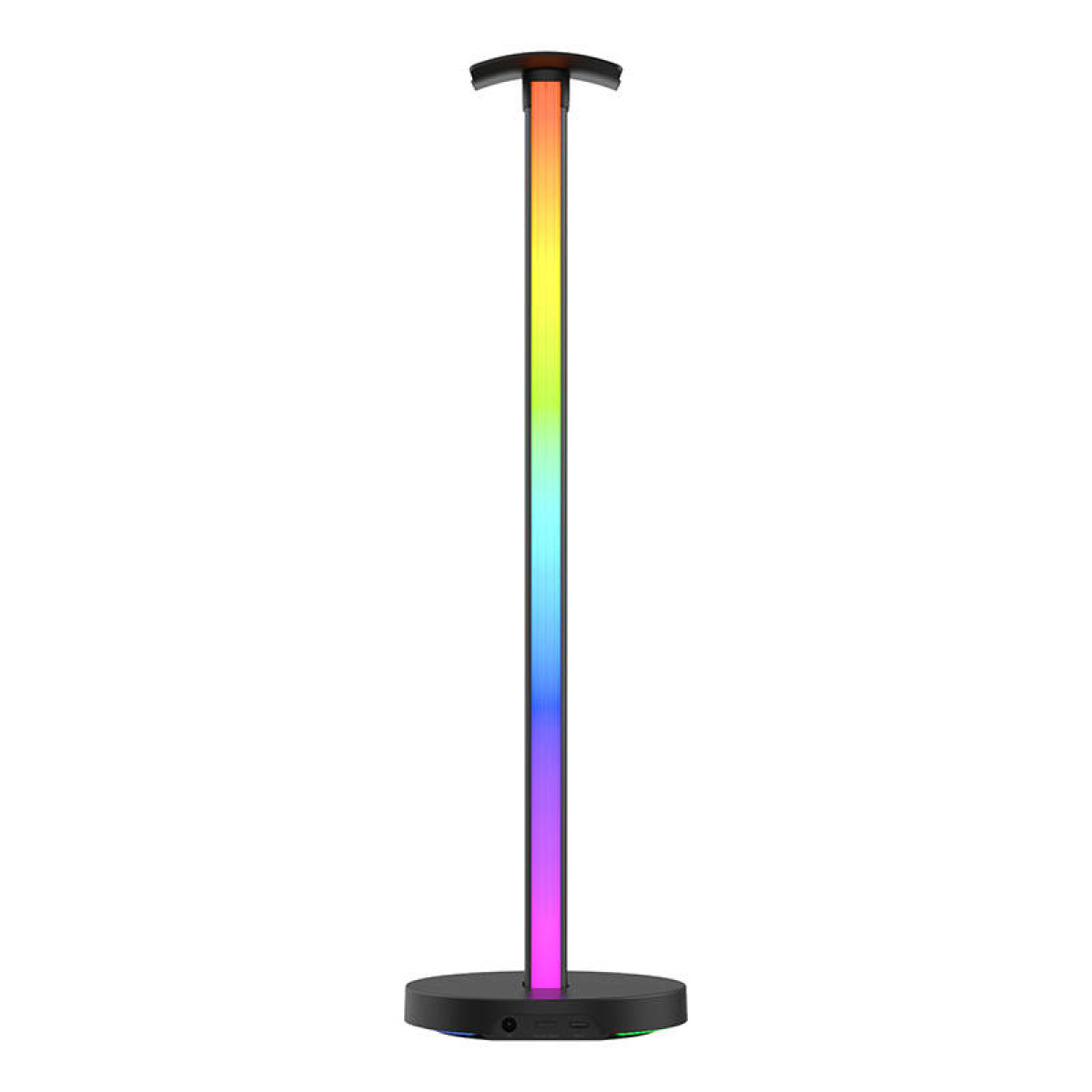 Wysoka, smukła lampa ze zmieniającym się kolorem światła, na czarnej podstawie.