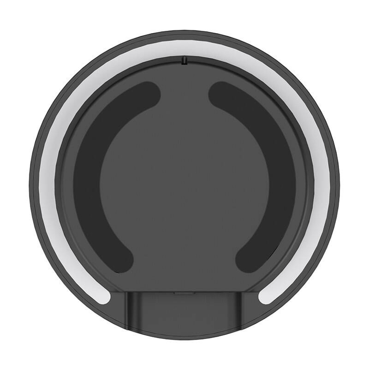 Czarna, okrągła podstawa ładująca z białym obrysem światła. Czarna powierzchnia.