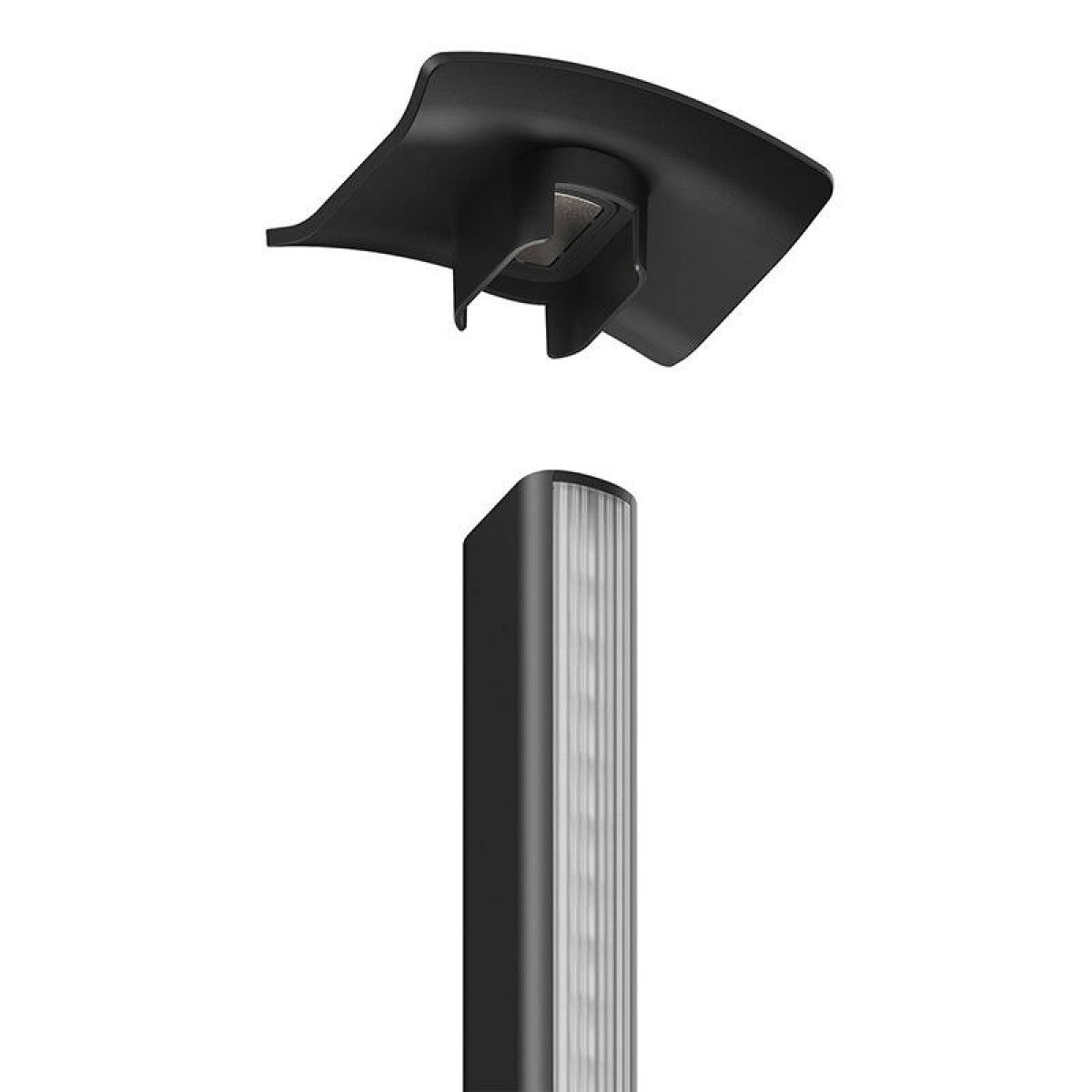 Czarna plastikowa część oddzielona od czarnego metalowego pręta. Białe tło.