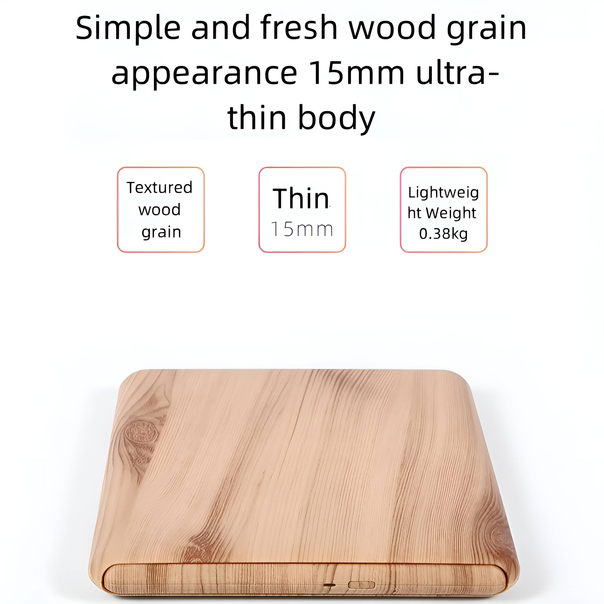 Holzkiste mit Text, Holzmaserung, schlanker Körper.