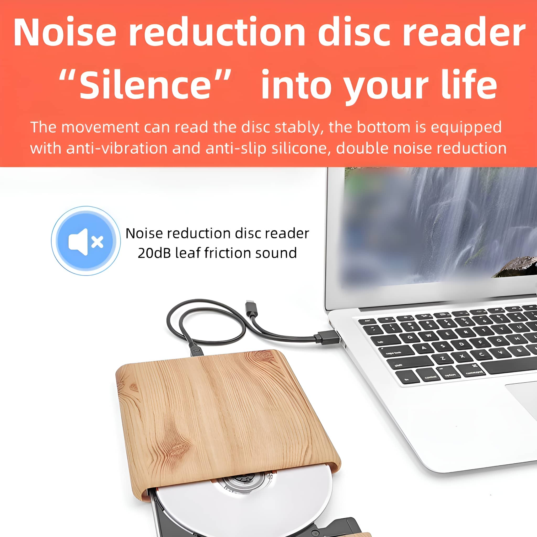 Ein Holz-CD-Player, der mit einem Laptop verbunden ist. Der Text auf dem Bildschirm bezieht sich auf Rauschunterdrückung.