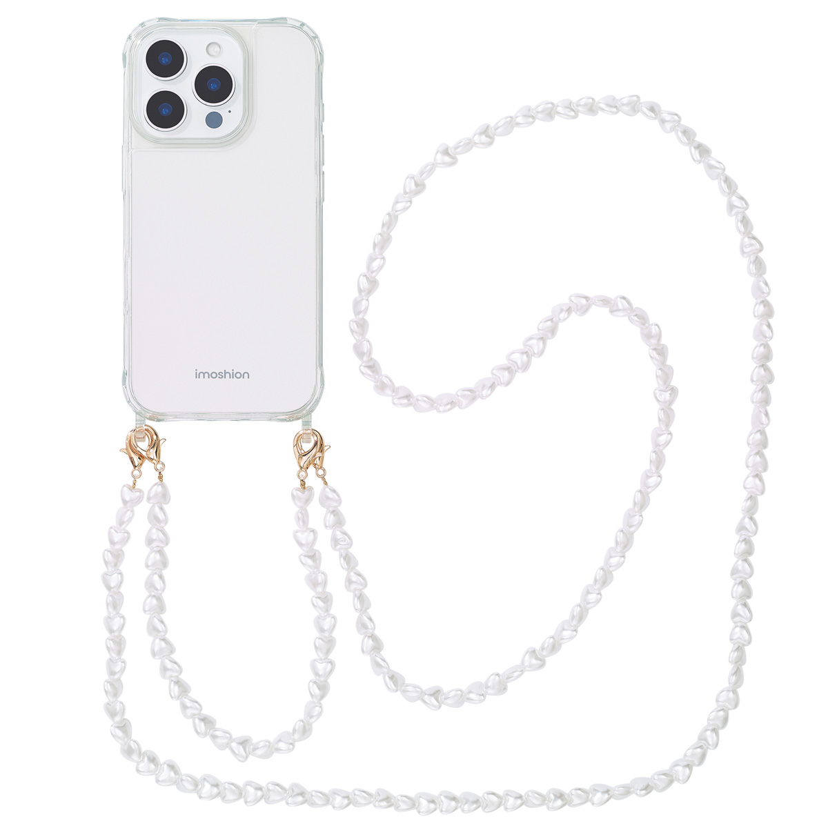 Transparante telefoonhoes met een parelkettingriem. De telefoon heeft drie camera's.