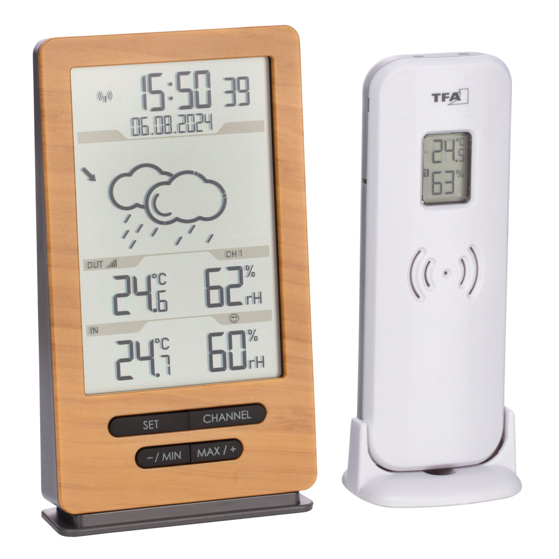 Wetterstation mit Anzeige von Zeit, Datum und Wetterinformationen. Weißer Hintergrund.