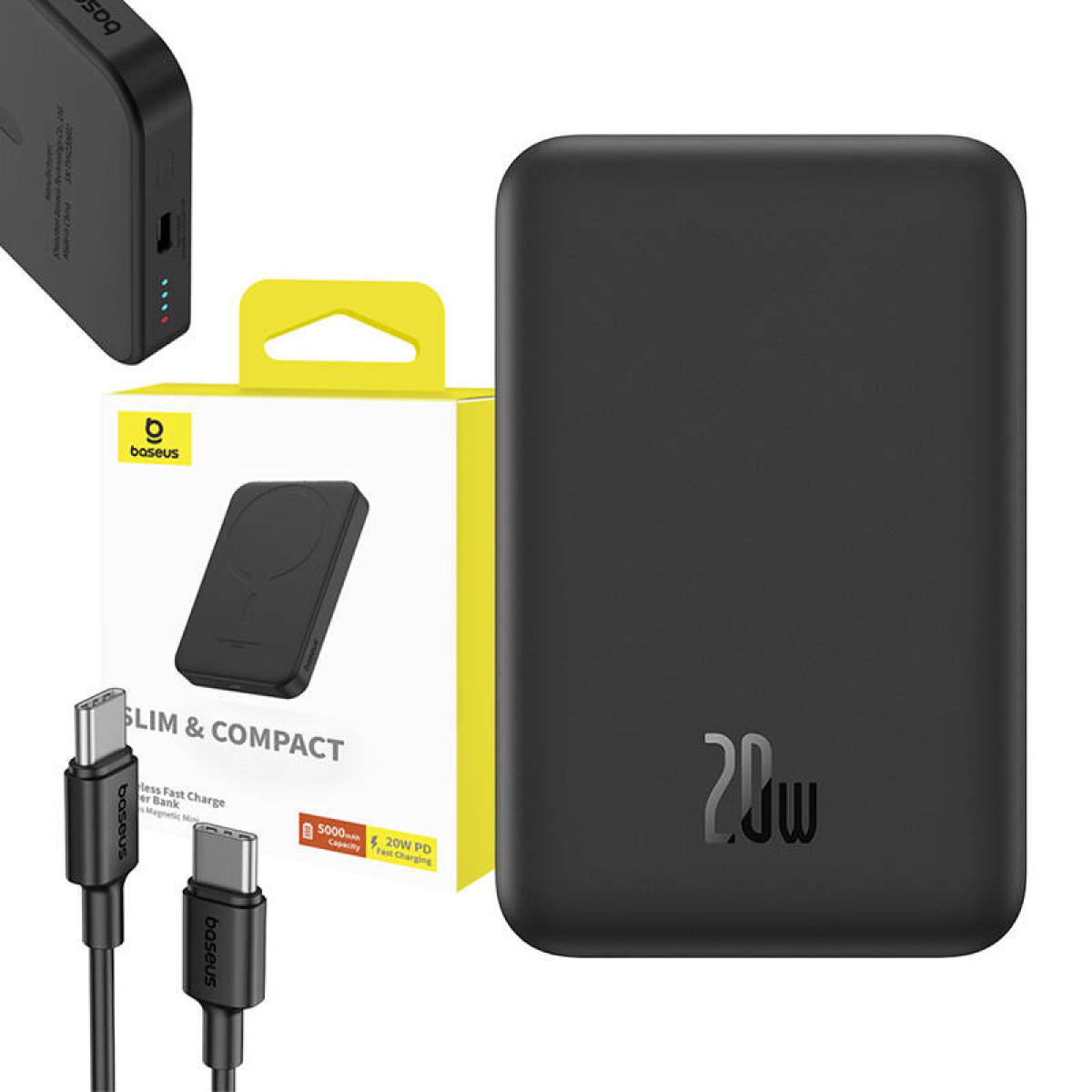 Eine schwarze Powerbank, Ladekabel und eine gelb-schwarze Box mit Produktinformationen.
