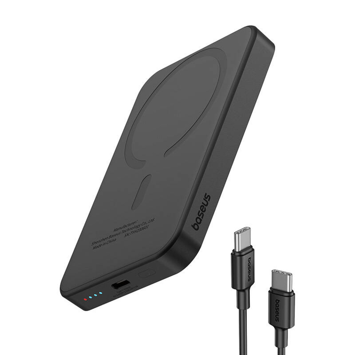 Czarny, prostokątny power bank z magnetycznym obszarem ładowania i portem USB-C.