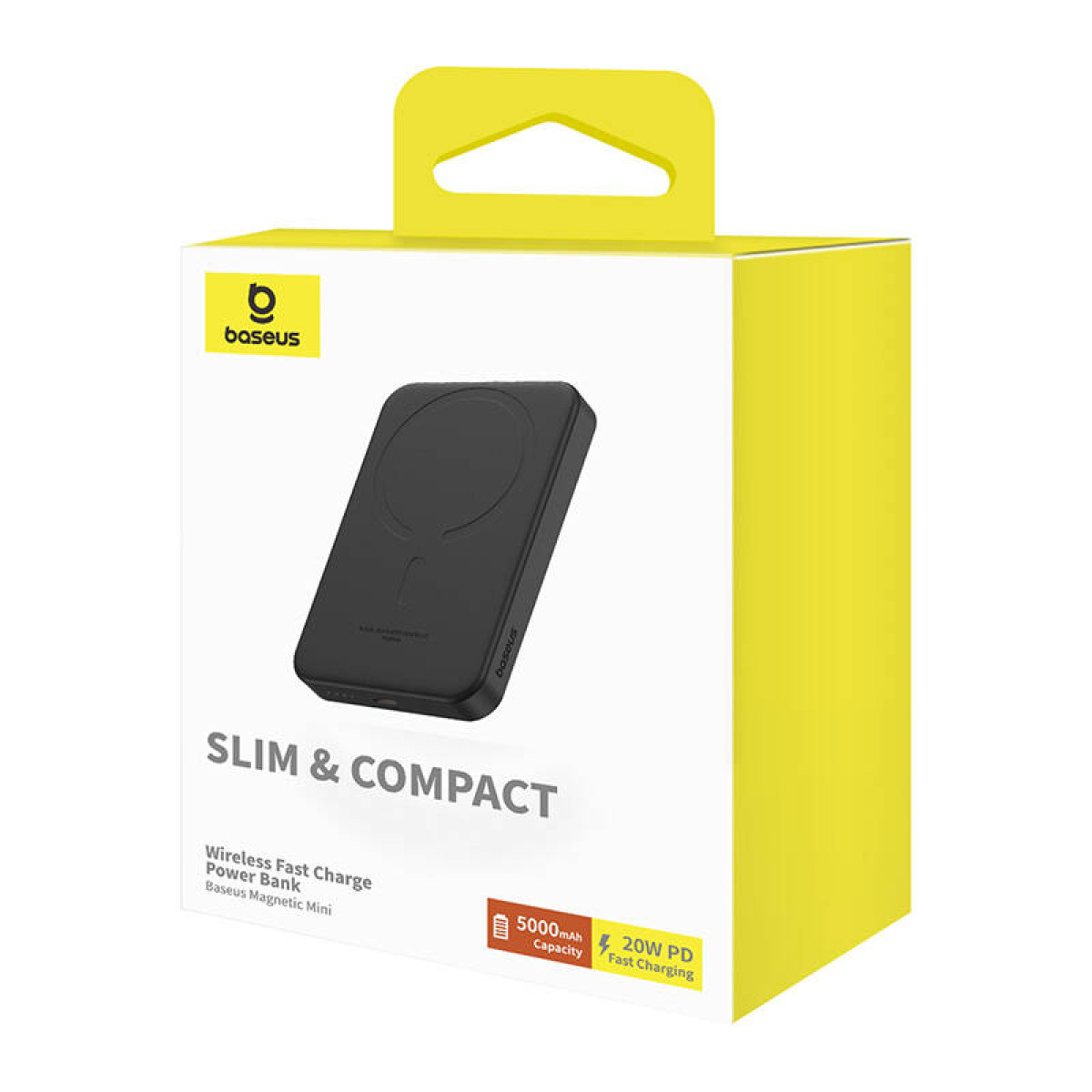 Biało-żółte pudełko z czarnym power bankiem w środku. Tekst: 'SLIM & COMPACT' i 'baseus'.