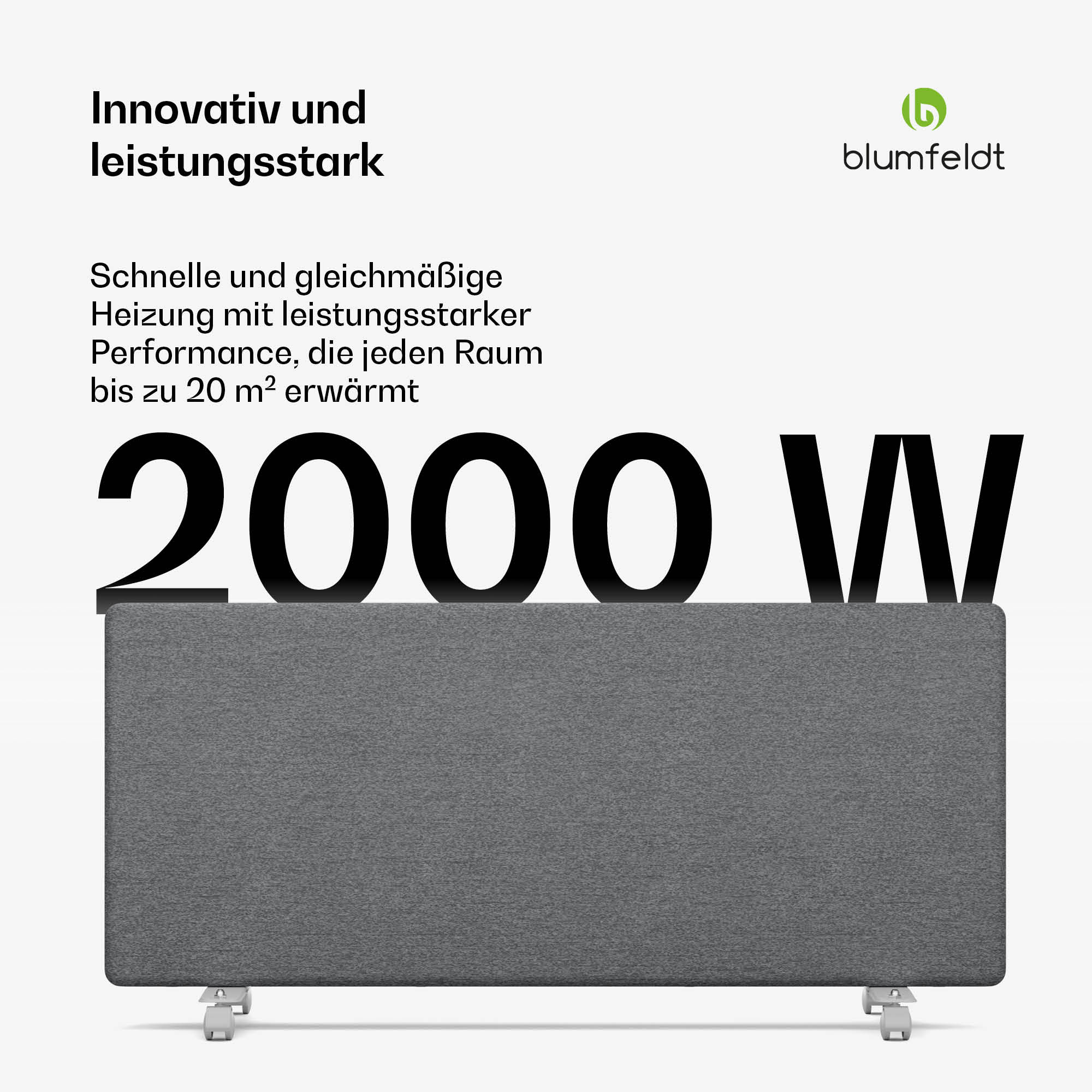 Graue Heizung mit großem Text '2000 W'. Text lautet 'innovativ und leistungsstark'. Weißer Hintergrund.