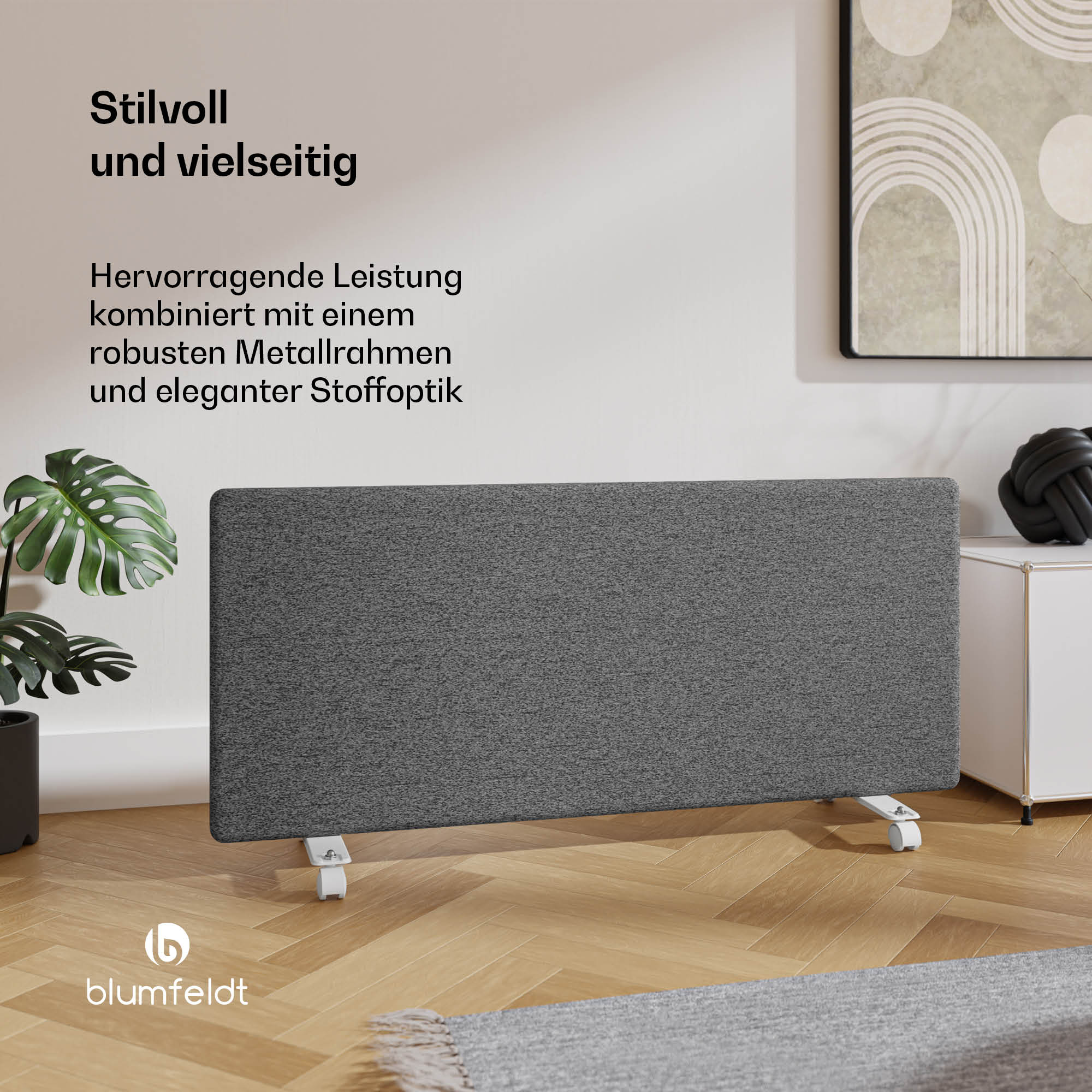 Graues Stoffpaneel auf weißen Beinen. Text sagt 'stilvoll und vielseitig' und 'robuster Metallrahmen'.