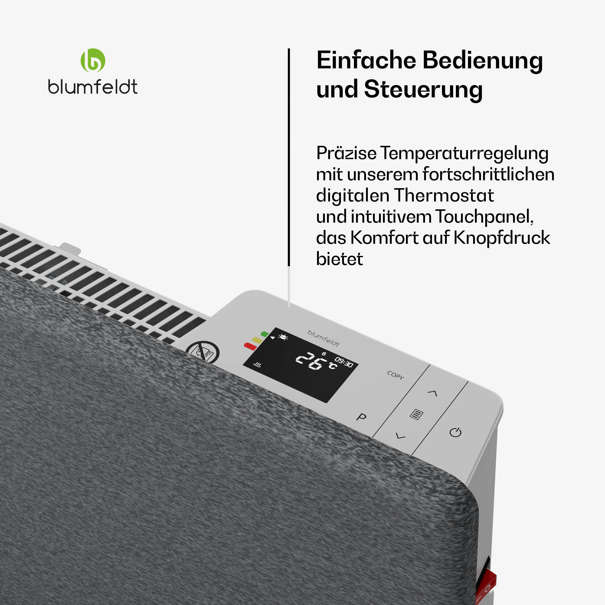 Nahaufnahme eines Digitaldisplays auf einer Heizung, mit Text und Temperatur 26°C.