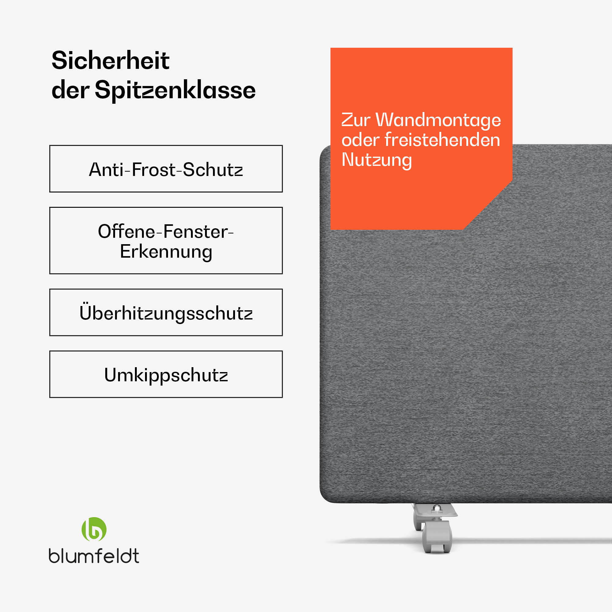 Diagramm mit Sicherheitsmerkmalen eines Produkts. Text enthält Frostschutz, Fenstererkennung usw.