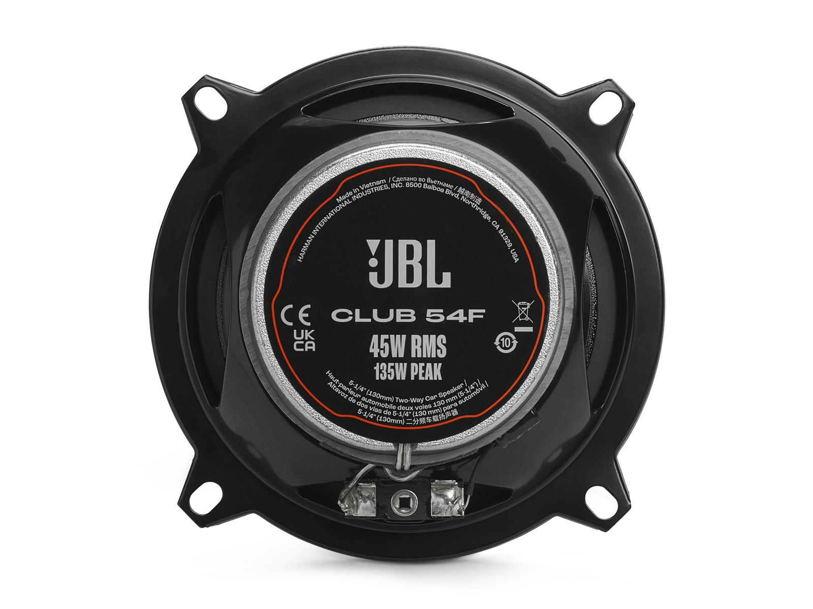Haut-parleur JBL noir avec centre blanc. Le texte détaille le numéro de modèle et les spécifications.