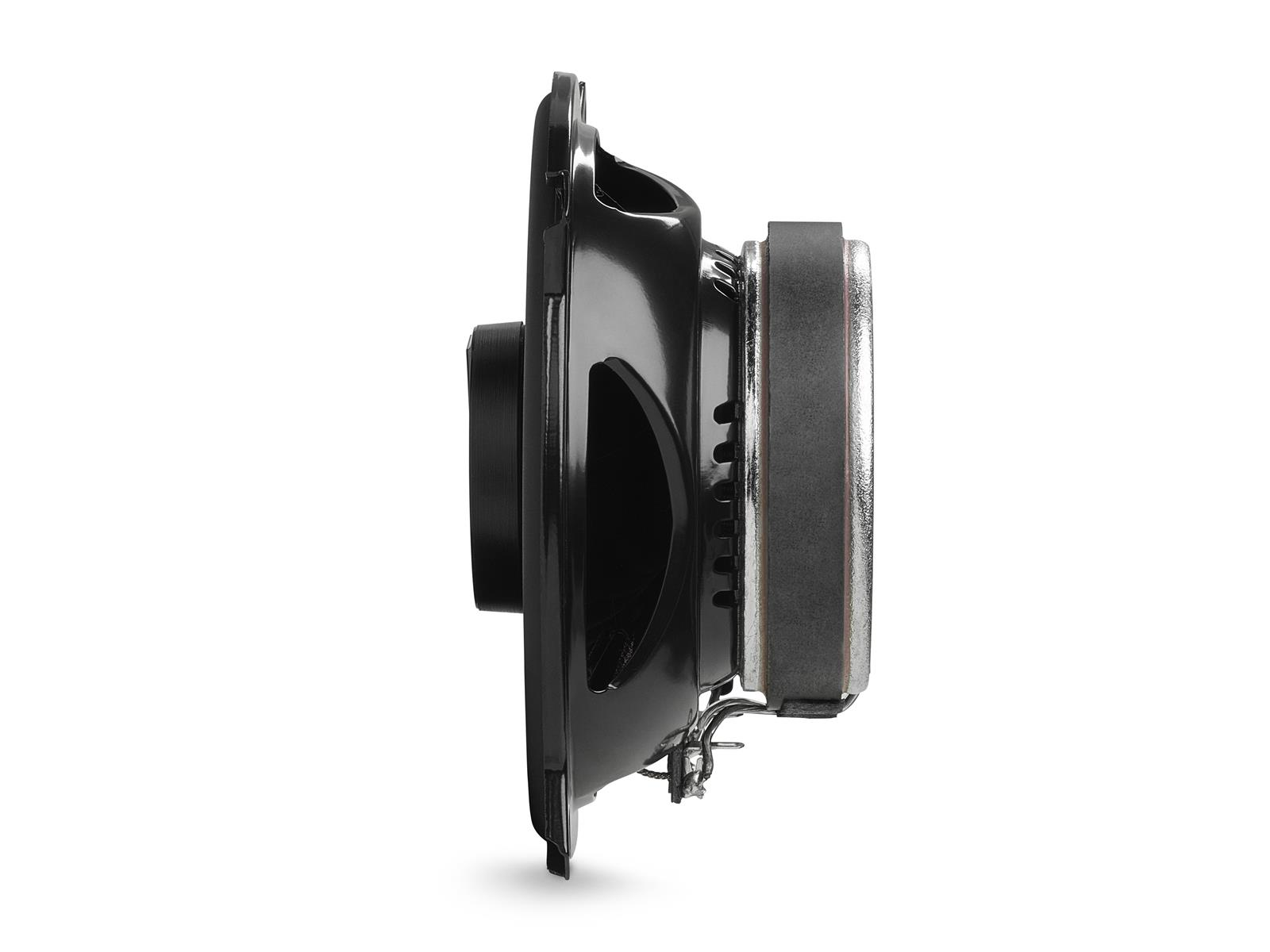 Vue de profil d'enceinte noire. Forme circulaire avec cône central et cadre.
