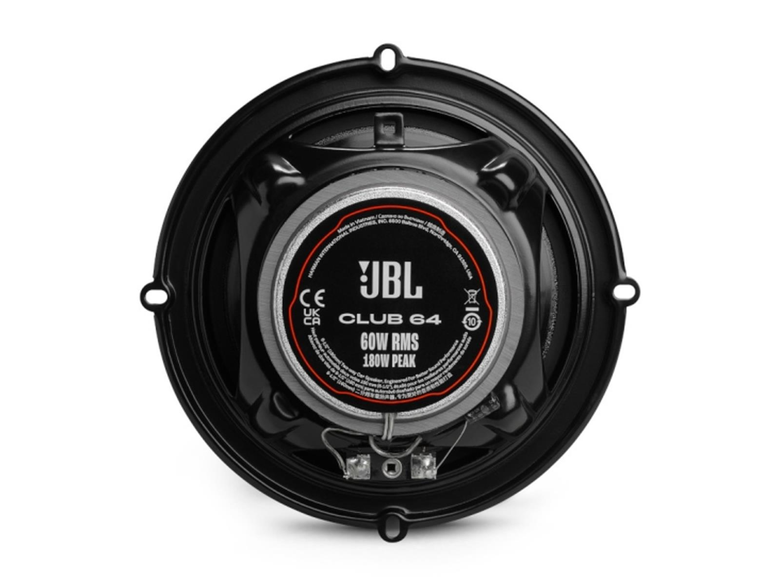 Haut-parleur JBL noir avec étiquette rouge et blanche. Anneau extérieur noir. Fond blanc.
