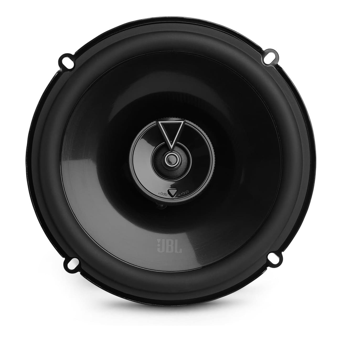 Un haut-parleur de voiture JBL noir. Le haut-parleur est rond, avec le logo JBL et un cône central noir.
