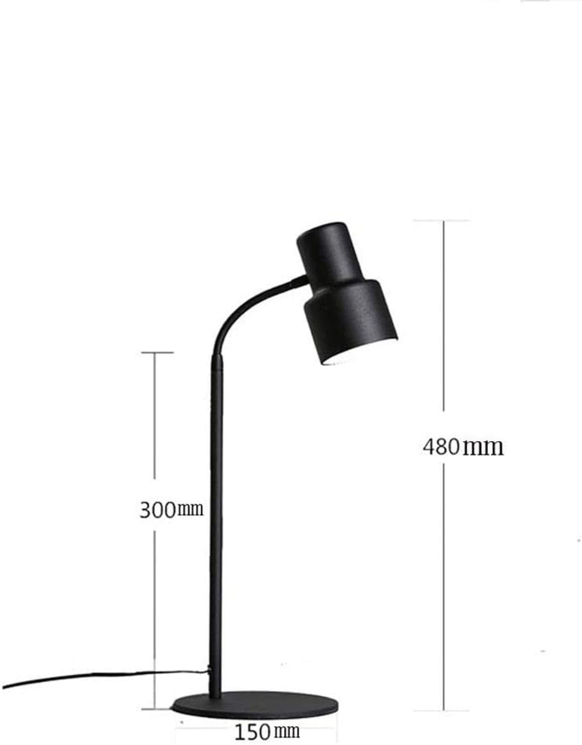 Czarna lampa biurkowa z wymiarami: podstawa 150 mm, wysokość 300 mm i 480 mm.