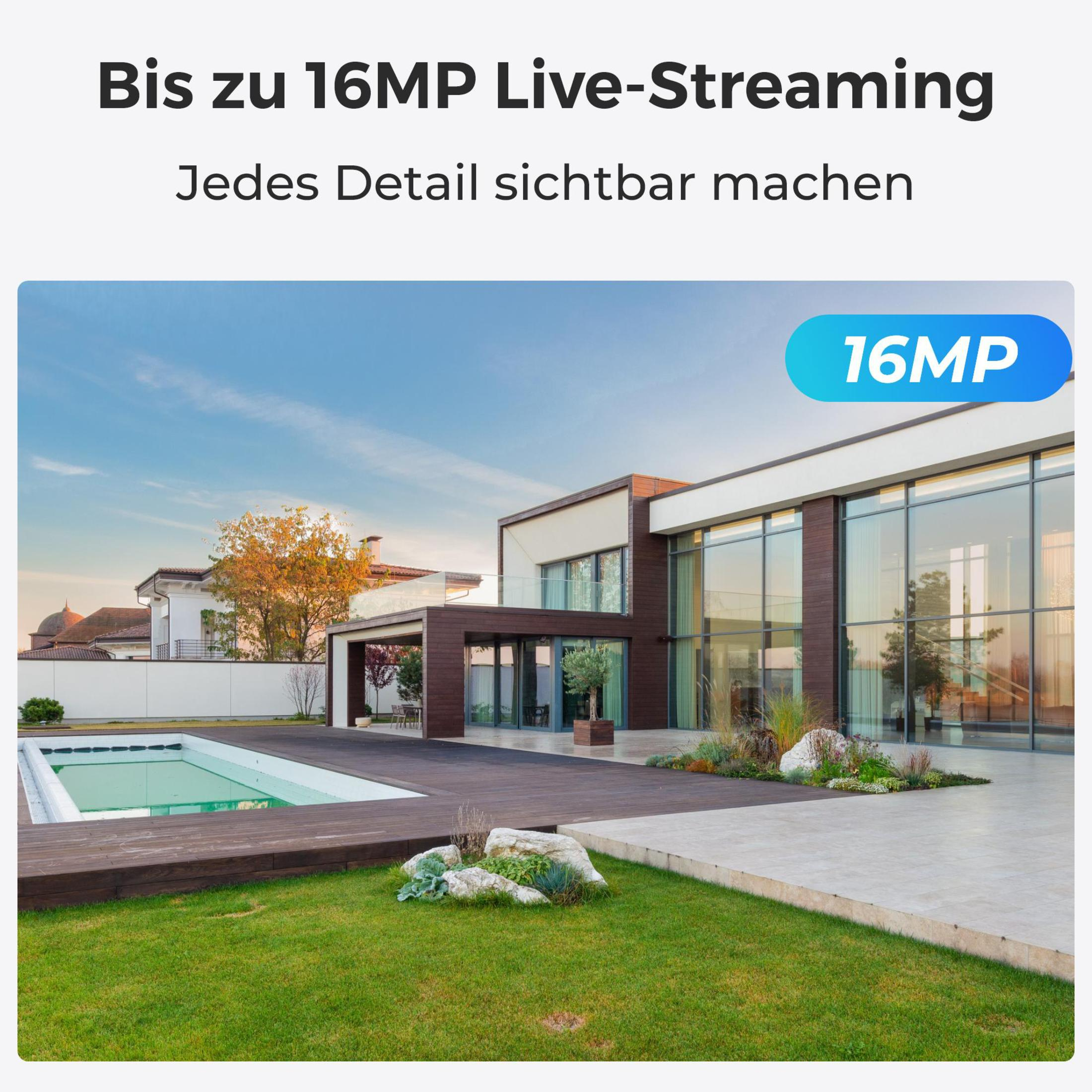 Casa con piscina. Il testo recita 'Bis zu 16MP Live-Streaming'. Testo 16MP in blu.