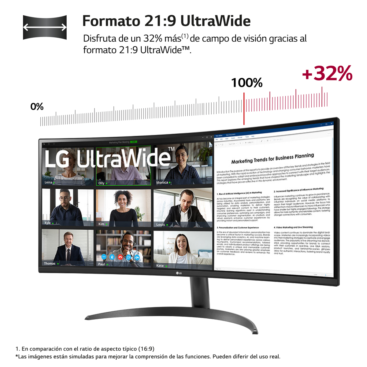 Large monitor shows a video conference. Text indicates the monitor's ultrawide display.