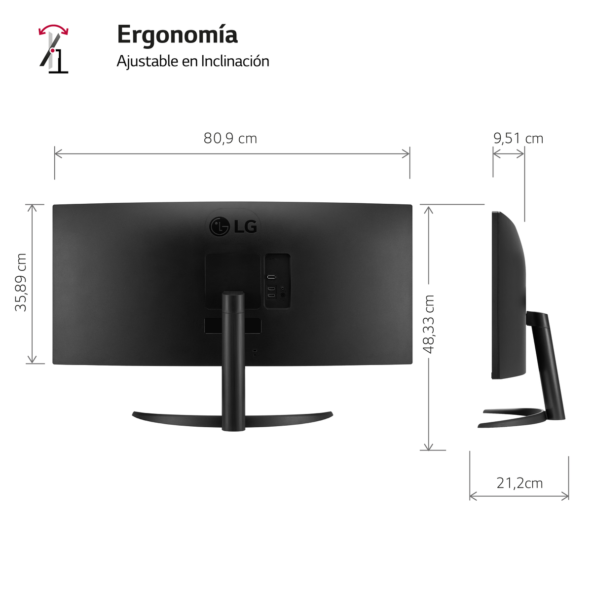 Diagram of a black monitor with its dimensions. The monitor is shown from the back and side views.