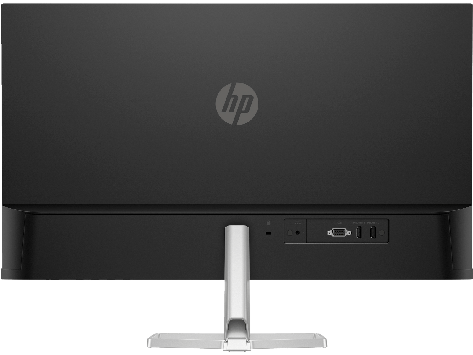 Tył czarnego monitora komputerowego HP z portami i podstawką.