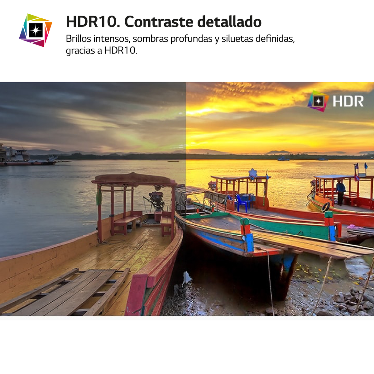 HDR10 advertisement. Boats on water; one side is normal, the other HDR enhanced, showing vibrant colors.