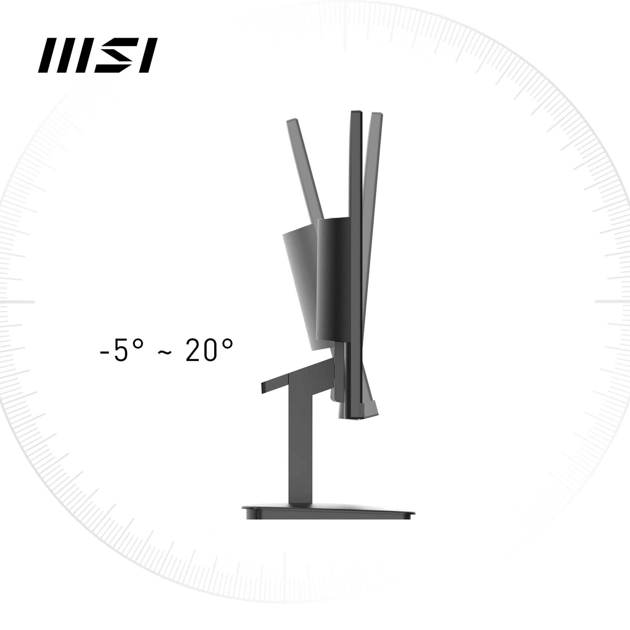Widok z boku czarnego monitora komputera na stojaku, z białym tłem. Logo MSI u góry.