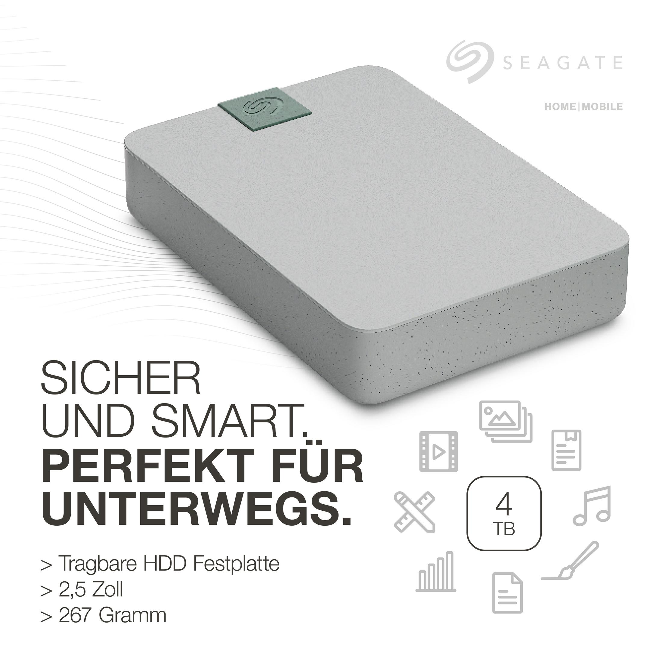 Zewnętrzny dysk twardy Seagate, szary, z zielonym kwadratem. Tekst: Bezpieczny, Inteligentny.