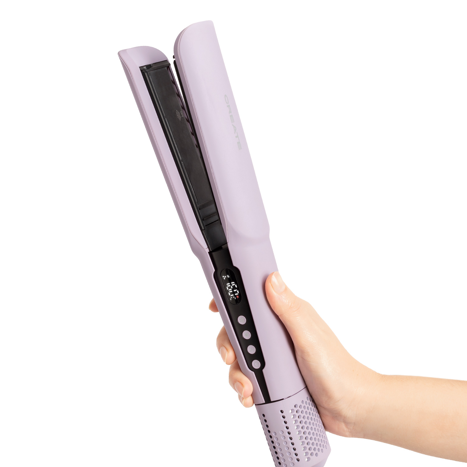 Una persona sosteniendo una plancha de pelo lila, mostrando sus placas calientes y el panel de control.