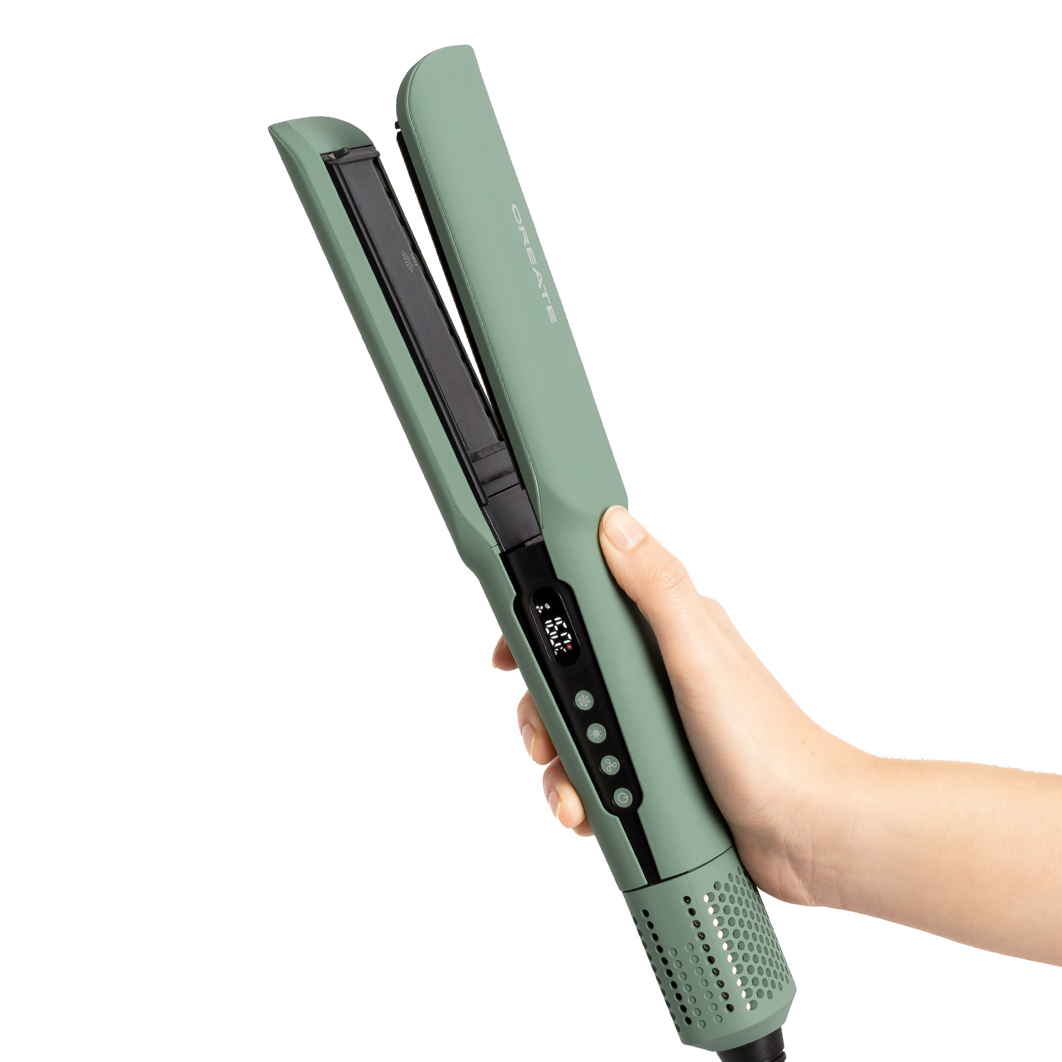 Una mano sosteniendo una plancha de pelo verde, mostrando una pantalla de temperatura digital.