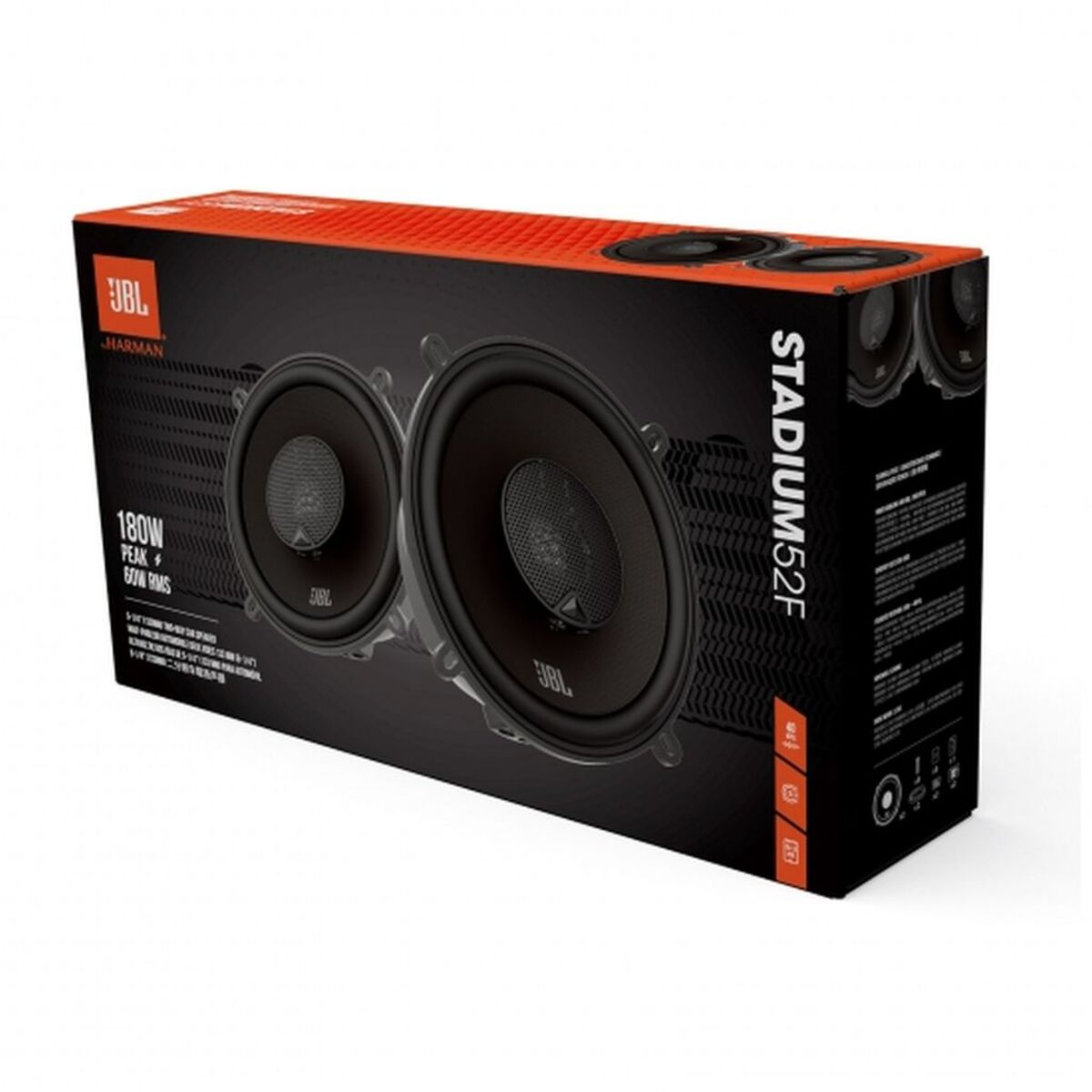 Box von JBL-Lautsprechern, schwarz und orange. Zeigt Lautsprecher und Produktinformationen.