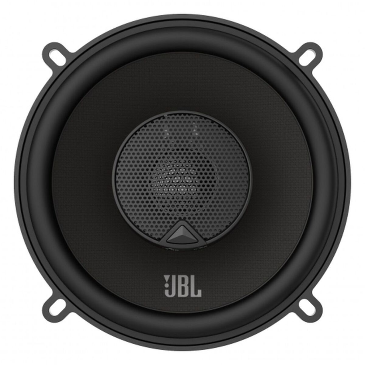 Nahaufnahme eines schwarzen JBL-Lautsprechers. Er hat einen zentralen Hochtöner und einen umlaufenden Tieftöner.
