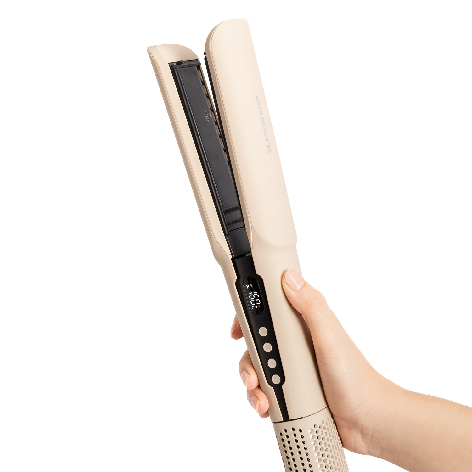 Una plancha de pelo beige con pantalla digital, sostenida por una mano.
