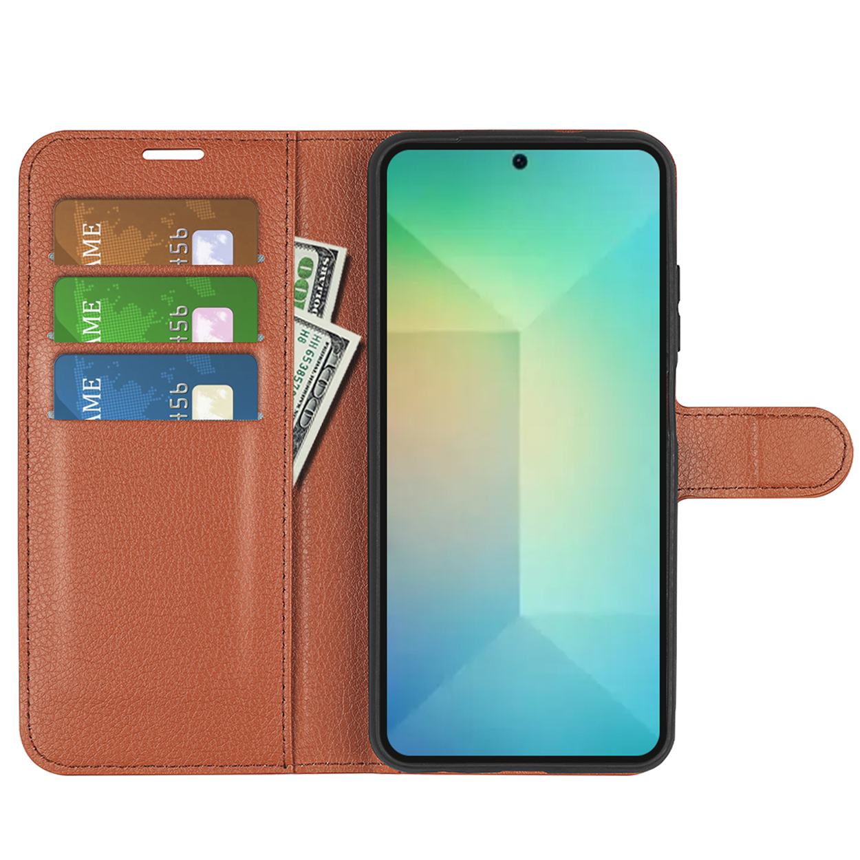Een bruine leren telefoonhoes met sleuven voor kaarten en contant geld, met een telefoon.