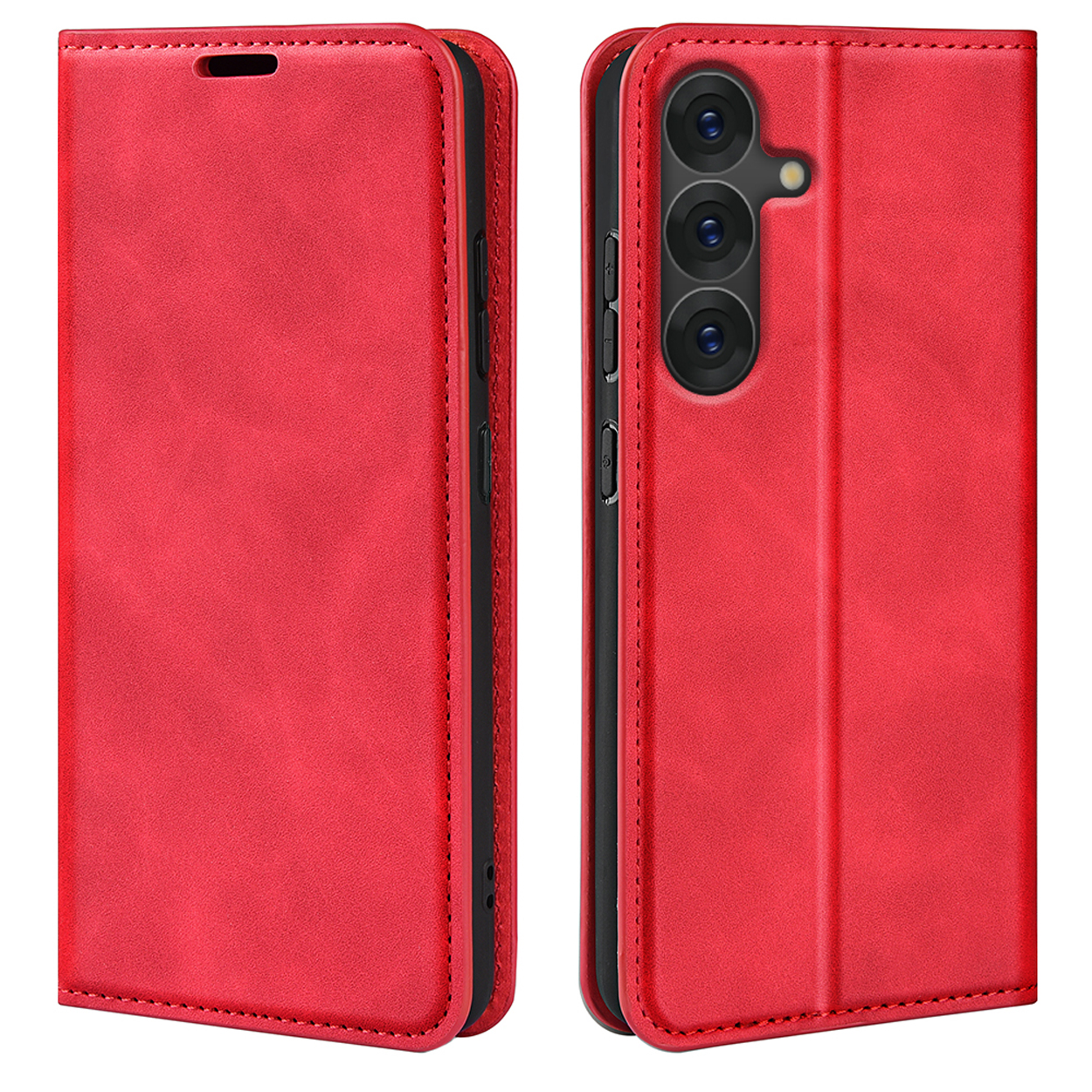 Een rode telefoonhoes, gesloten en open. Het heeft een flip cover ontwerp.