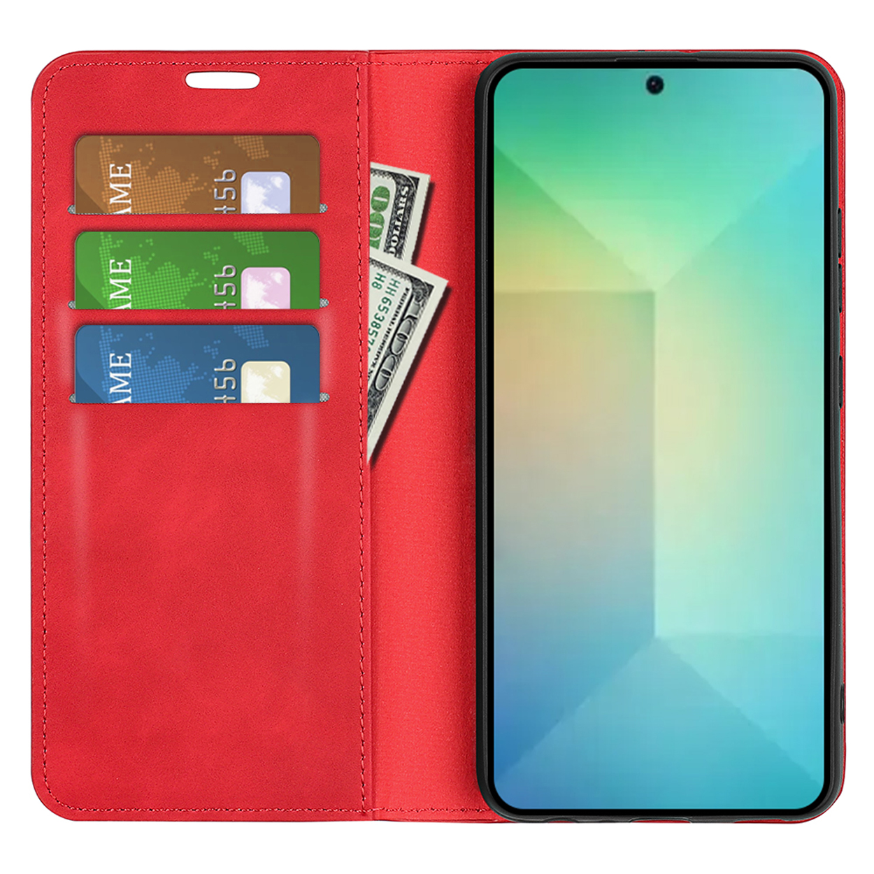 Rode telefoonhoes met kaarten en geld erin. Het scherm toont een blauwe gradiënt.