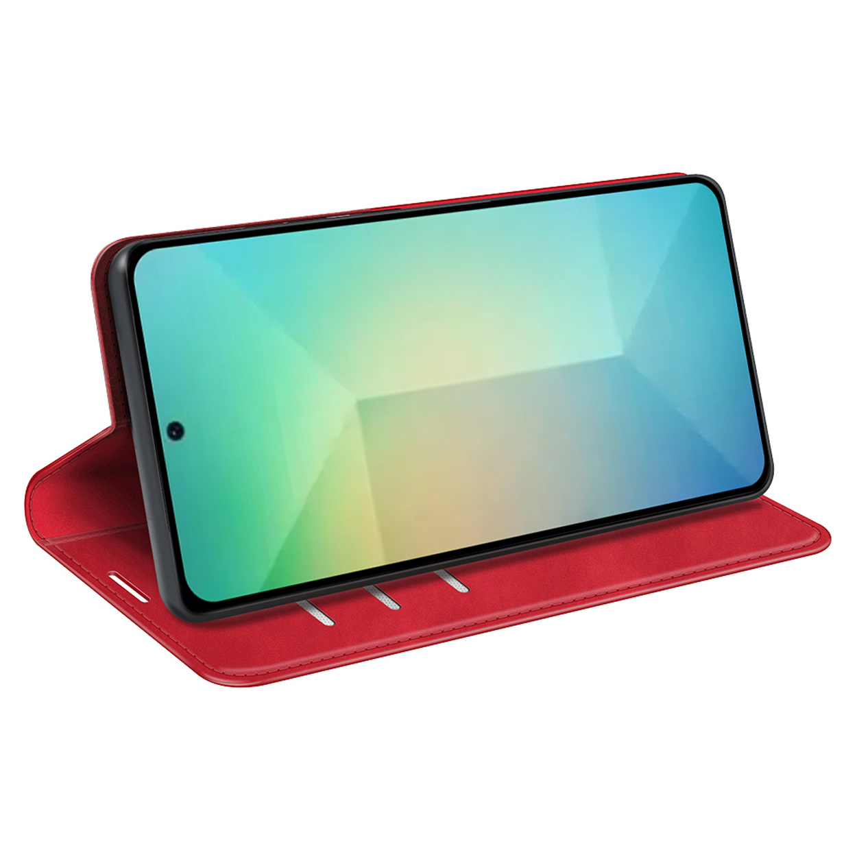 Een rode telefoonhoes met een zwarte telefoon erin. Het telefoonscherm is zichtbaar met een kleurrijke achtergrond.