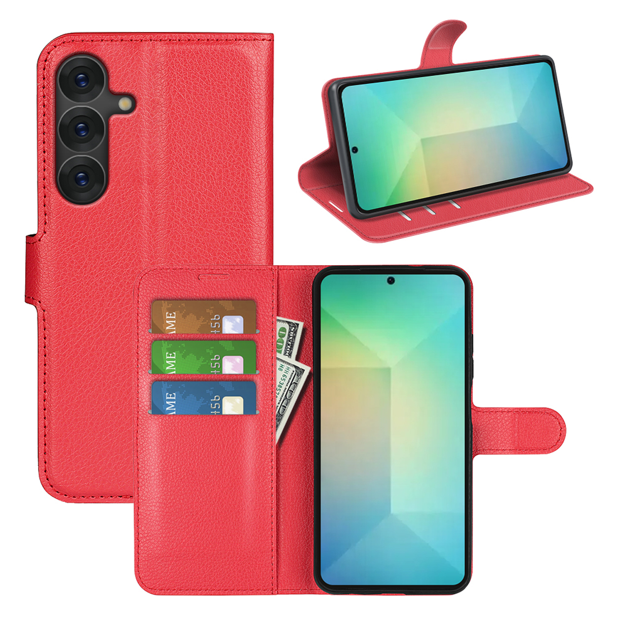 Een rood telefoonhoesje is open en toont kaarten en contant geld. Een telefoon wordt getoond.