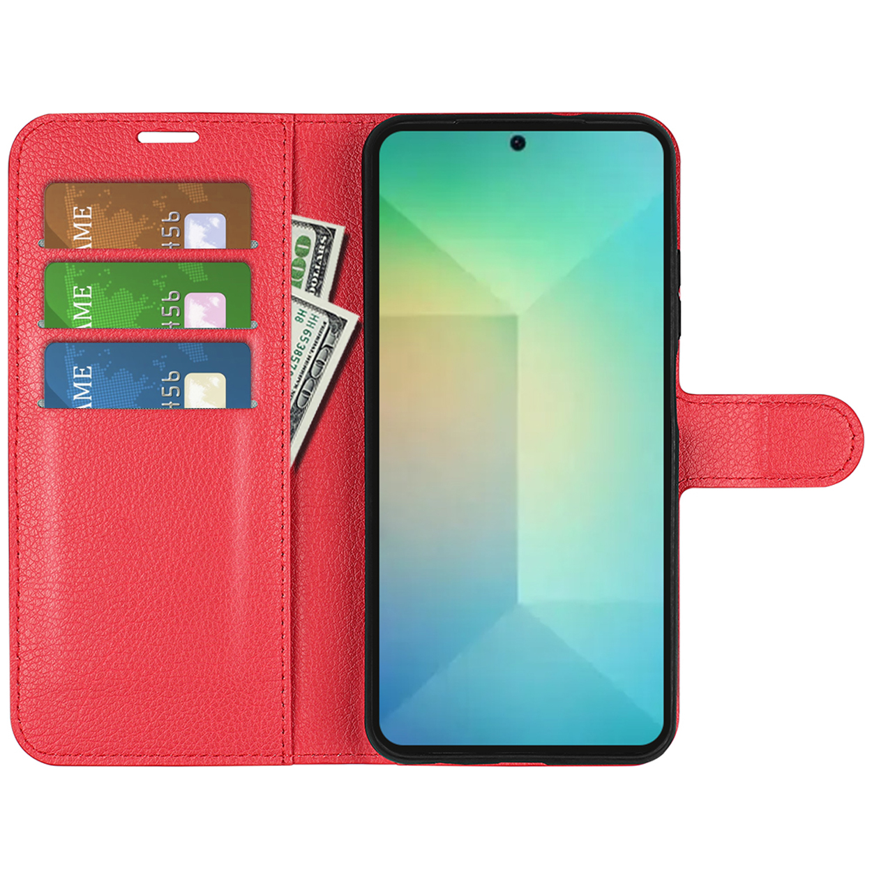 Een rode telefoonhoes met creditcards en geld, en een telefoon die een scherm toont.